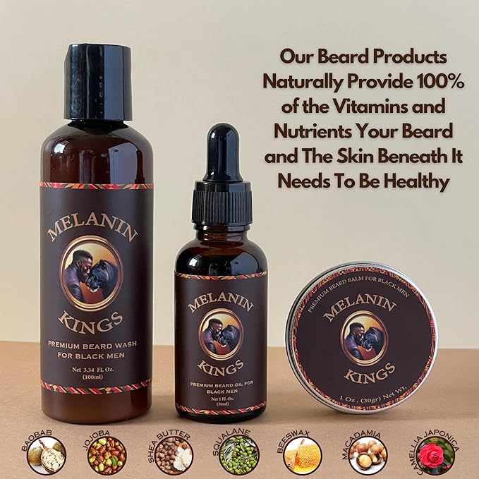 Melanin Kings Beard Grooming Kit for Men - Formulas With Ancient African Natural Ingredients | Beard Wash, Oil, Balm, Brush, Comb, Trimming Scissors