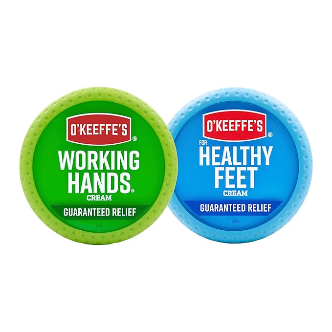 O'Keeffe's Working Hands Hand Cream (3.4 oz Jar) and Healthy Feet Foot Cream (3.2 oz Jar) - Repairing Skincare for Extremely Dry, Cracked Hands and Feet, Travel Size