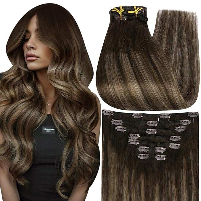 Full Shine Hair Extensions Clip in Human Hair 18 Inch Balayage Brown Ombre Clip in Hair Extensions Remy Human Hair Straight 7 Pcs 120 G