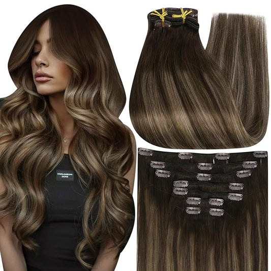 Full Shine Clip in Hair Extensions Human Hair Balayage Clip in Extensions Dark Brown to Chestnut Brown Double Weft Human Hair Extensions for Women 14 Inch 7 Pcs 120 G