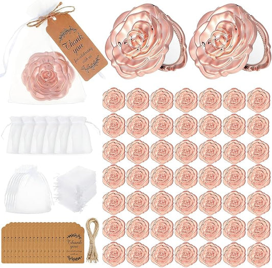 30 Set Rose Compact Mirror Bulk Wedding Favors for Guests Rose Shape Portable Folding Mirrors with Thank You Tag Jute Twine and Organza Bag for Quinceanera Bridal Shower Party Souvenir Gifts,Rose Gold