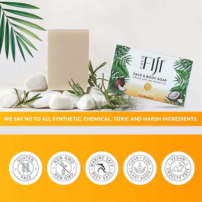 Coco Fiji Soap Bar for Face and Body Infused With Organic Coconut Oil, Grapefruit, Essential Oil, Natural Soap for Moisturizing & Pore Purifying Skin, 7 oz,Pack of 2