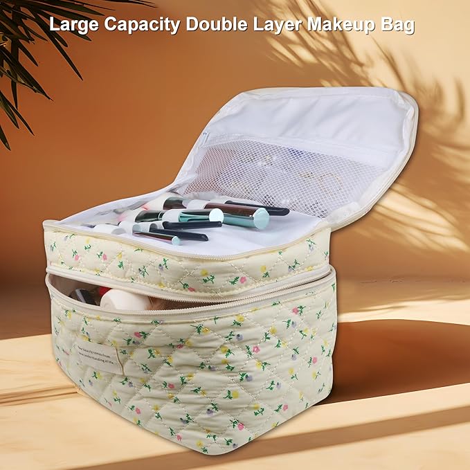 Dual Layer Cute Makeup Bag for Women(3 Pcs), Quilted Floral Coquette Aesthetic Make up Bags, Travel Cosmetic Bags Toiletry Organizer Bag(Hot Pink Flowr)