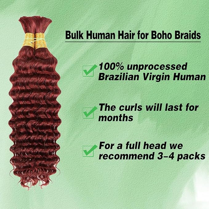 Human Braiding Hair for Boho Braids Human Hair 100g 18 Inch Curly Boho Hair for Braiding Knotless 12A Deep Wave Bohemian 2 Bundles/Pack Copper