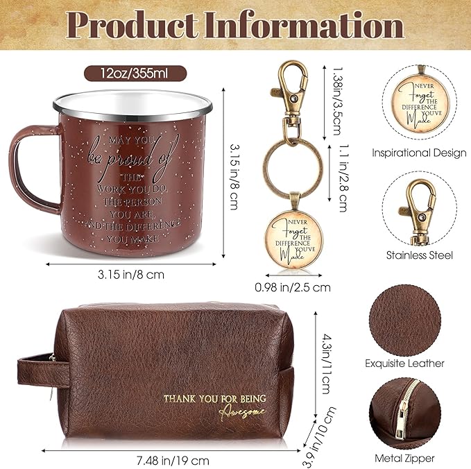 Dandat 3 Pcs Thank You Gift for Men Employee Appreciation Gift Leather Toiletry Bag 12 oz Inspirational Enamel Mug Motivational Keychain May You Be Proud Sign for Coach Men Teacher Male Staff (Brown)