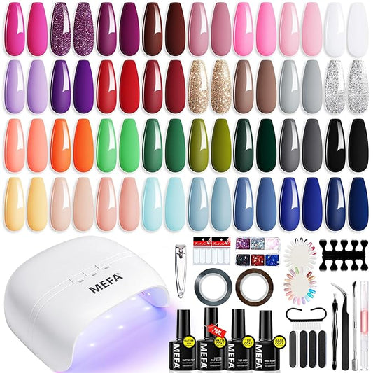 MEFA 54 Pcs Gel Nail Polish Kit with U V Light, 32 Colors Popular Soak Off Nude Pink Red Gel Polish Nail Set with Matte/Glossy Gel Top Base Coat Manicure Tools Nail Art Decorations DIY Salon Home Gift