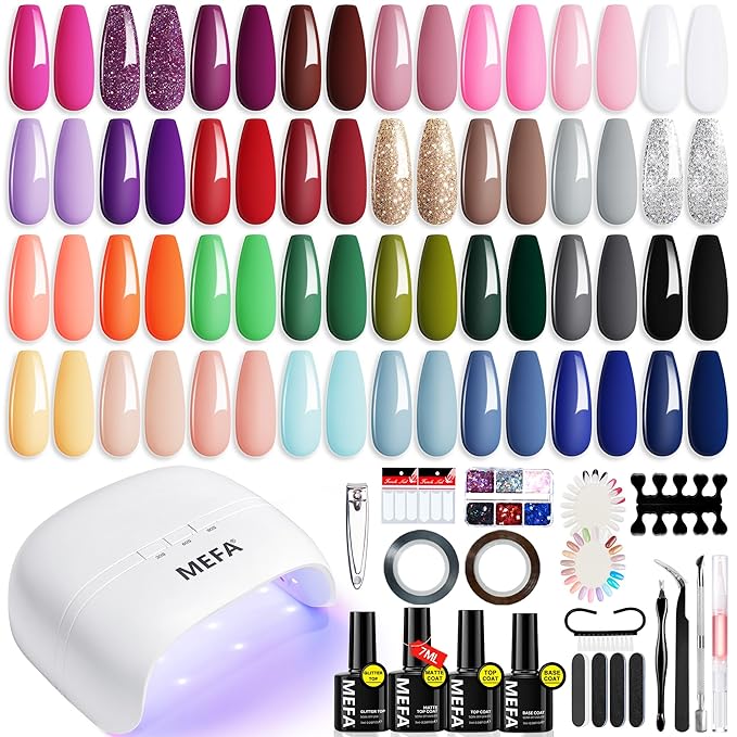 MEFA 54 Pcs Gel Nail Polish Kit with U V Light, 32 Colors Popular Soak Off Nude Pink Red Gel Polish Nail Set with Matte/Glossy Gel Top Base Coat Manicure Tools Nail Art Decorations DIY Salon Home Gift