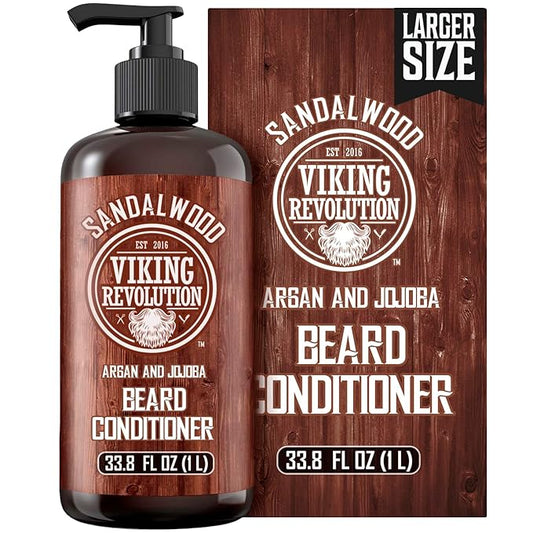 Viking Revolution Sandalwood Beard Conditioner for Men with Argan Oil and Jojoba Oil - Beard Softener and Strengthener Natural Beard Conditioner - Beard Care Moisturizer with Aloe Vera (33.8 Fl oz)