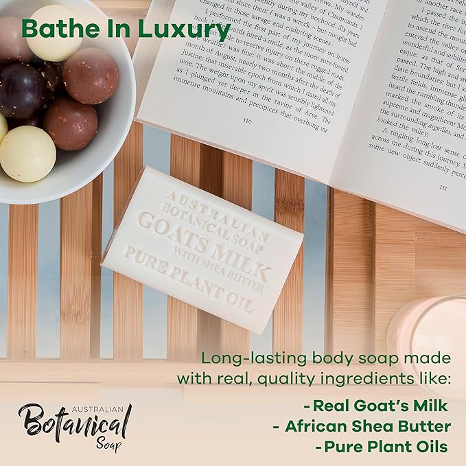 Australian Botanical Soap, Goat Milk Soap with Shea Butter, 6.6 oz. Bars, Triple Milled Body Cleanser, Made in Australia with Organic African Shea Butter and Native Goat Milk, All Skin Types
