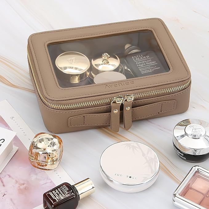 Aveniee Clear Makeup Bag for Women, Heavy Duty Make up Bag Organizer with Clear Windows & Gold Zippers (Taupe)