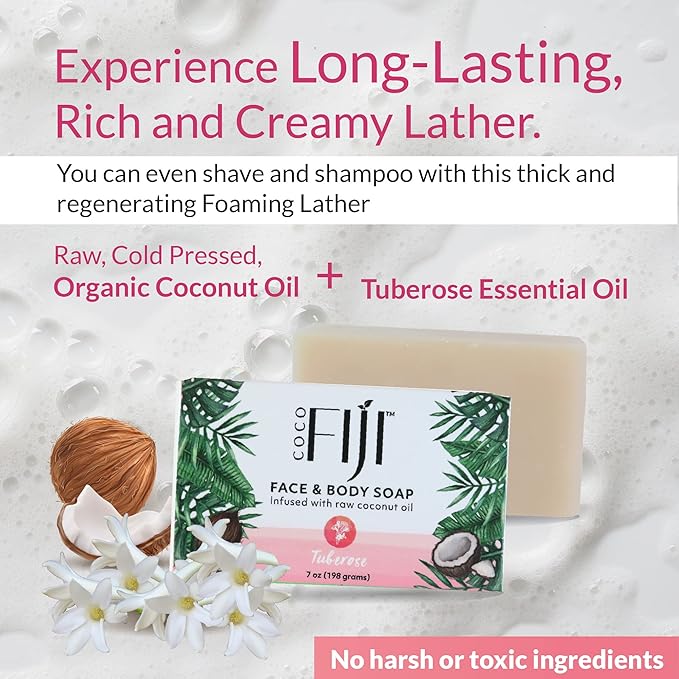Coco Fiji, Coconut Oil Infused Soap, Bar 7oz (Tuberose, Pack of 2)