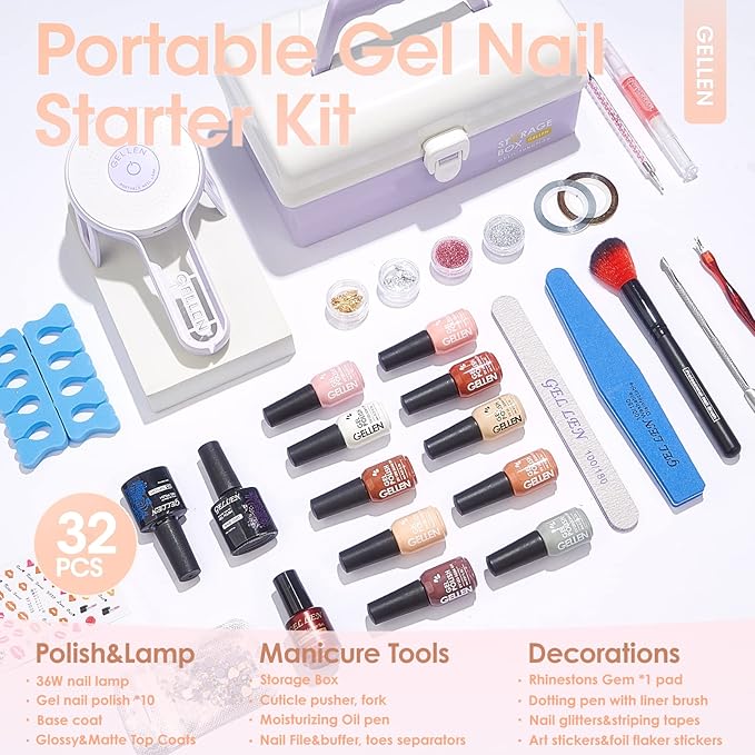 Gellen Gel Nail Polish Kit with U V Light - 10 Colors Gentle Nude Tones Gel Nail Polish Kit with 36W Nail Lamp, Gel Nail Polish Set Starter Kit with Storage Box Soak off Nail Gel Kit Manicure Set