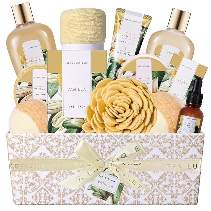 Spa Gift Baskets for Women, Spa Luxetique Spa Gifts for Women, Birthday Gifts for Women, 12pc Vanilla Bath Gift Set, Self Care Gifts for Women, Spa Kit for Women