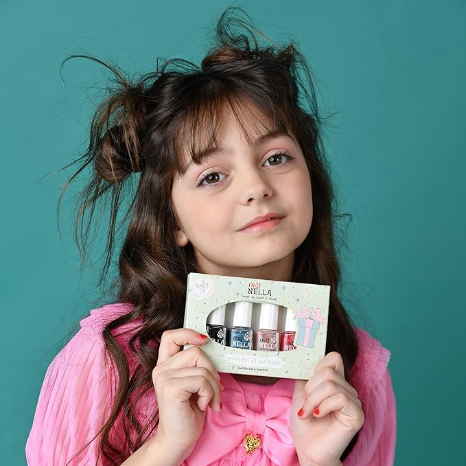 Miss Nella PARTY COLLECTION Glitter Nail Polish for kids, set of 4: black, clear, blue & coral Peel-off varnish for toddlers