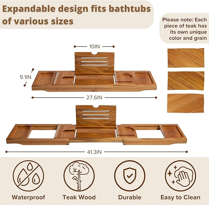 Teak Bathtub Tray, Bathtub Caddy, Expandable Bath Tub Tray Wood, Bath Table Tray&Bathtub Shelf, Luxury Bathtub & Bathroom Accessories and Organizer, House Warming&Wedding Gifts(Large)