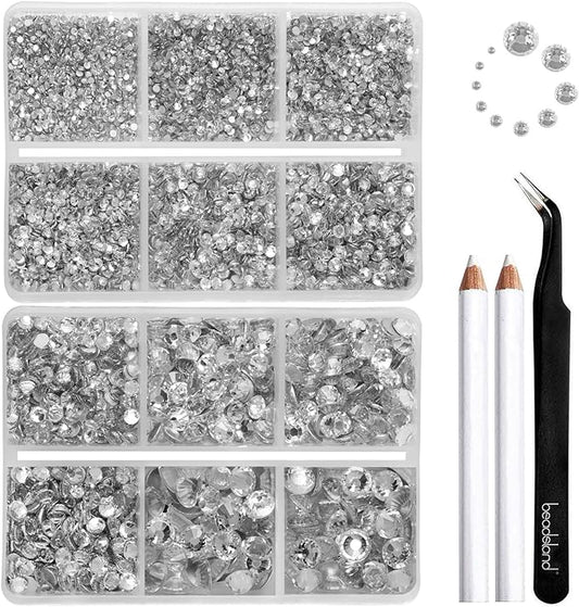 Beadsland 8300PCS Flatback Rhinestones, Clear Rhinestone Nail Gems Round Crystal Rhinestones for Crafts, Mixed 10 Sizes with Wax Pencil and Tweezer Kit, SS3-SS30, Crystal