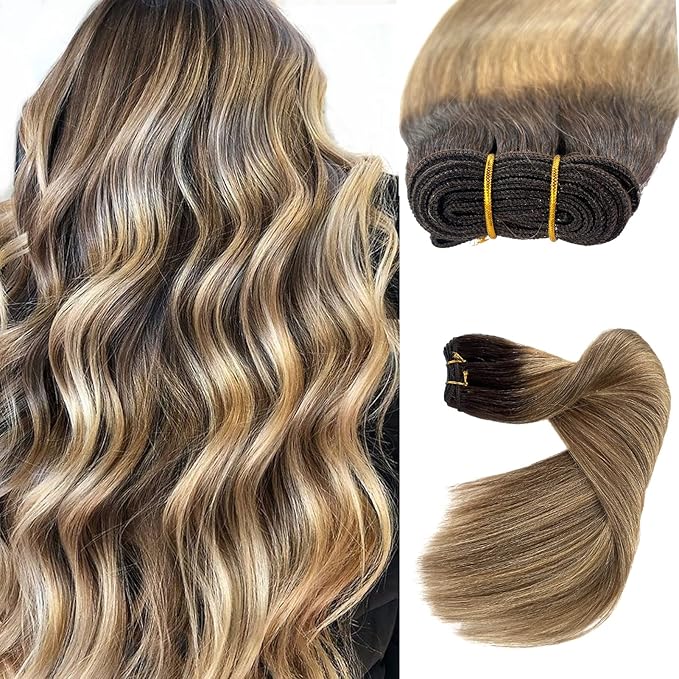 Sew in Hair Extensions Real Human Hair, 18 Inch 100G Ombre Brown Balayage Golden Blonde Highlights Hair Extensions Real Human Hair Weave Bundles Hand Tied Weft Hair Extensions Human Hair for Women