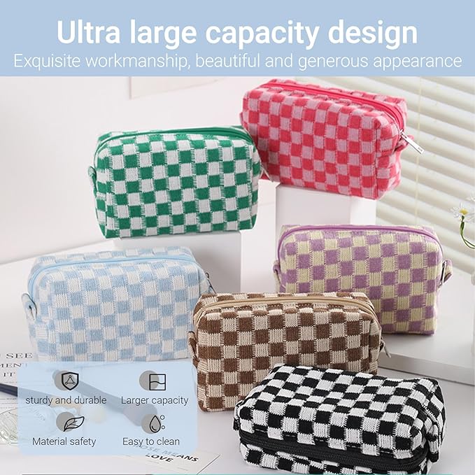 12 PCS Checkered Makeup Bag Cosmetic Bag for Women Checkered Pouch Plaid Makeup Bag for Women Large Capacity Pencil Case Makeup Brushes Storage Bag Travel Toiletry Bag Organizer