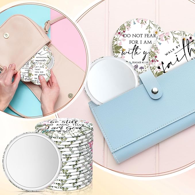 60 Pcs Mother's Day Christian Gifts Bulk Mini Christian Compact Mirrors Wildflower Bible Verse Pocket Purse Mirrors Religious Scripture Gifts for Women Spring Church Sunday School