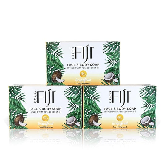 Coco Fiji Soap Bar for Face and Body Infused With Organic Coconut Oil, Grapefruit, Essential Oil, Natural Soap for Moisturizing & Pore Purifying Skin, 7 oz,Pack of 3