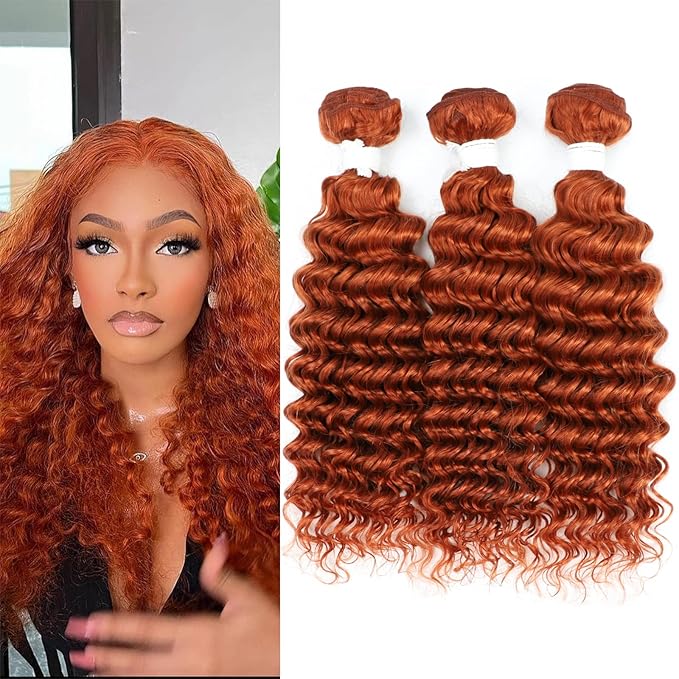 Deep Wave Human Hair Ginger Orange Color Brazilian Virgin Bundles 12 14 16 Inch 3 Bundles #350 Burnt Orange Curly Weave Hair Extension
