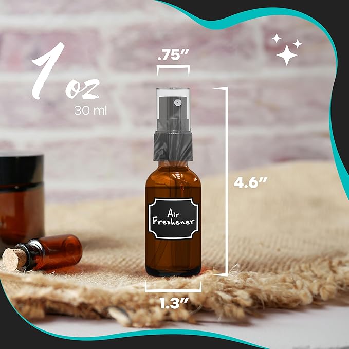 Nevlers 1 Oz Amber Glass Spray Bottles Small 24 Pack | Travel Spray Bottle Set w/Shrink Wrap, Funnel, Brush, Marker, & Labels | Dark Glass Bottles for Oil & Water | Perfume Travel Refillable Bottle