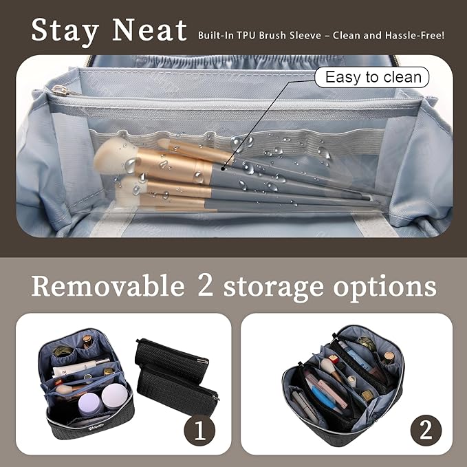 BOYATU Travel Makeup Bags for Women: 3-Set Large Capacity Make up Bags with Compartments - PU Leather Cosmetic Bag for Traveling (L08 Black)