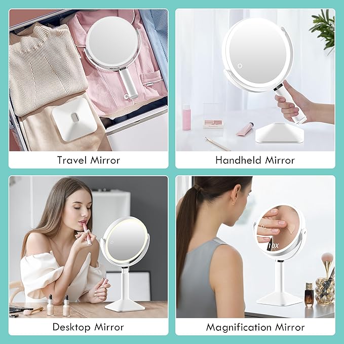 Makeup Mirror with Lights,Magnifying Mirror with Light and Touch Sensor, 1x/10x 360° Rotation Vanity Mirror with 3 Color Light,Rechargeable Double Sided Lighted Desktop Mirror,Women Gift-White