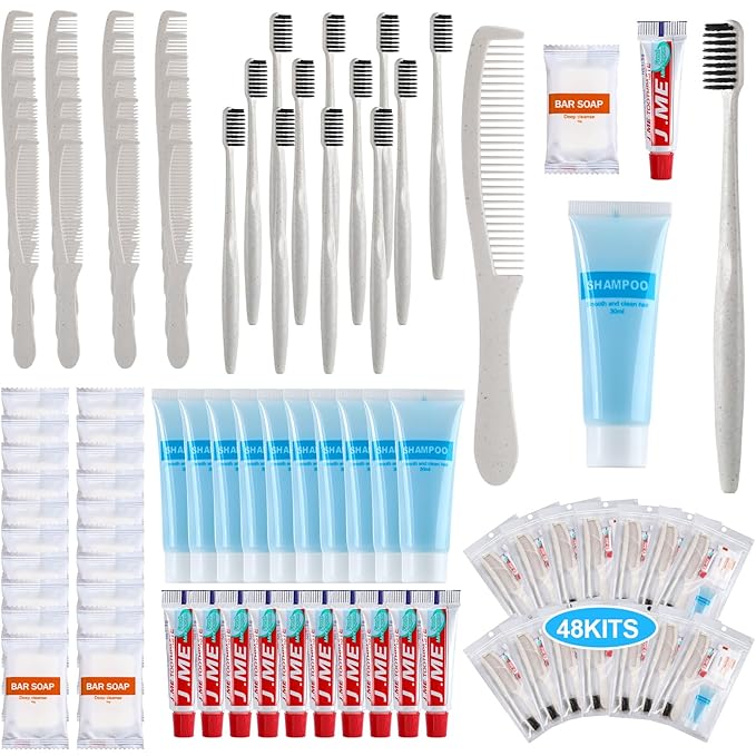48 Sets Basic Toiletry Kits Homeless Care Package Supplies Personal Hygiene Kits Bulk Include Disposable Toothbrush Toothpaste 30 Ml Shampoo Comb Bath Soap for Women Men Travel Charity Hotel