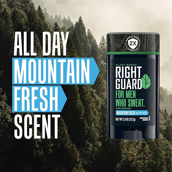 Right Guard Plant Based Invisible Solid Antiperspirant & Deodorant For Men with Sensitive Skin | Blocks Sweat 2X Longer | Made with Shea Butter & Marula Oil | Mountain Fresh Scent, 2.6 oz. (3 Pack)