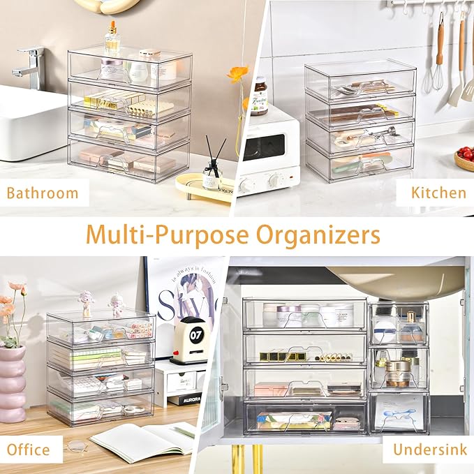 5 Pack Makeup Organizer Stackable, 12.1''L Bathroom Organizer and Storage Acrylic Undersink Drawer Organizer, Cosmetics and Beauty Supplies,Clear Plastic Storage Bins for Vanity,Pantry,Cabinet,Kitchen