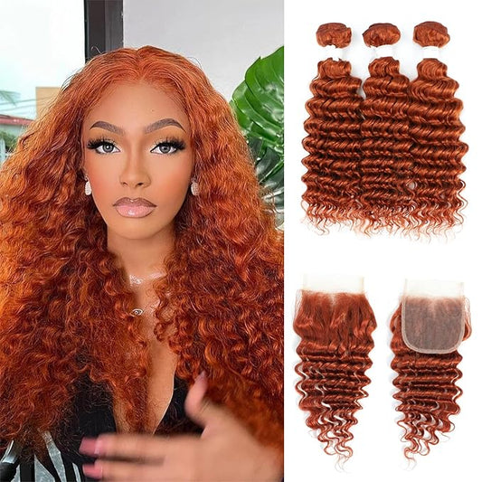Deep Wave Human Hair Bundles with Closure Ginger Orange Brazilian Virgin Human Hair Bundles 12 14 16 Inch with Closure 10 Inch Burnt Orange Curly Weave Hair Extension