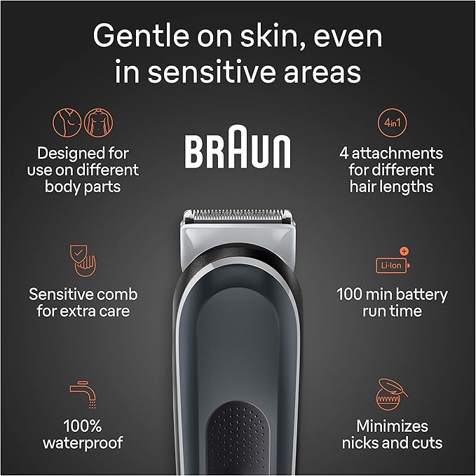 Braun Body Groomer Series 5 5360, Body Groomer for Men, for Chest, Armpits, Groin, SkinSecure Technology for Gentle Use and Clean Shave Attachment, Waterproof, Cordless with 100-min Run Time
