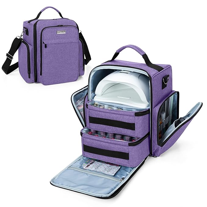 BAFASO Nail Polish Organizer Holds 48 Bottles (15ml - 0.5 fl.oz) and a Nail Lamp, Large Nail Polish Case with 2 Removable Pouches and Multiple Storage Sections (Patented Design), Purple