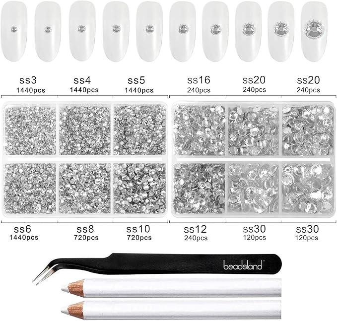 Beadsland 8300PCS Flatback Rhinestones, Clear Rhinestone Nail Gems Round Crystal Rhinestones for Crafts, Mixed 10 Sizes with Wax Pencil and Tweezer Kit, SS3-SS30, Crystal