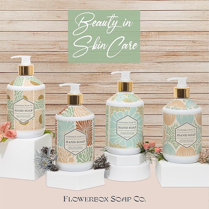 FlowerBox Liquid Hand Soap Set –Beautiful Pack of 4 Scented Pump Soaps –Bathroom & Kitchen Luxury Decorative 500ml Italian Mosaic Bottles–Meyers Refillable Dispensers–Works for Bath and Body Wash Gift