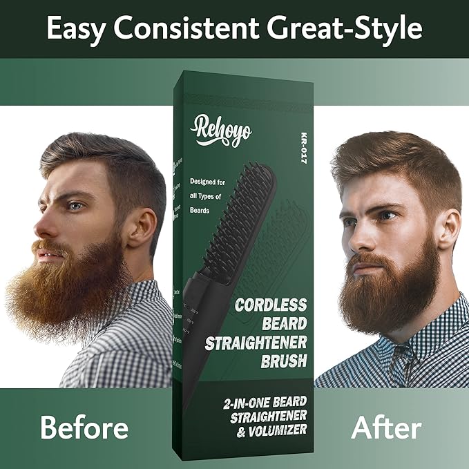 Beard Straightener for Men, Portable Cordless Heated Hair & Beard Straightening Brush with Anti-Scald & Ionic Technology, 3 Temperature Setting Comb For Home Travel