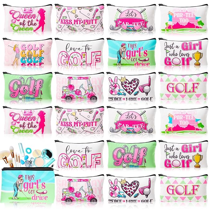 24 Pieces Makeup Bags Bulk Canvas Cosmetic Bags Purse Organizer Zipper Cosmetic Pouch Portable Travel Toiletry Pouch for Women Men Gifts, 7 x 4 Inch(Golf)
