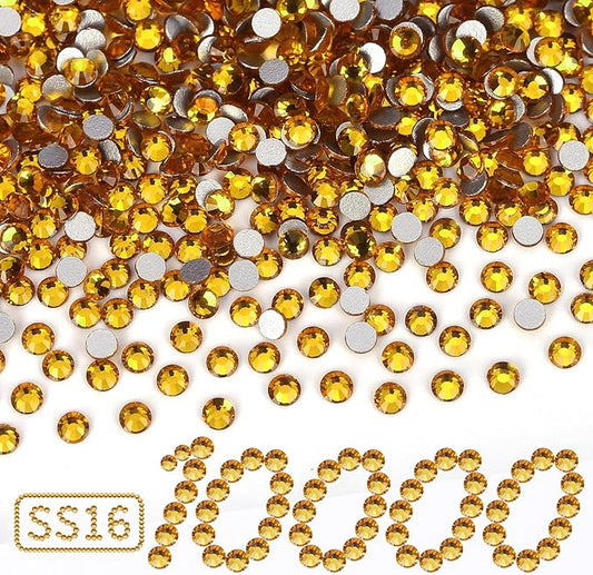 10000PCS Gold Yellow Rhinestones Bulk, Flat Back Crystal Glass Stone Round Gems,SS16, 3.8-4.0mm