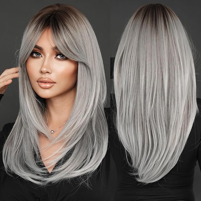 7JHH WIGS Grey Ombre Layered Wig with Curtain Bangs Long Straight Pixie Cut Natural Looking Heat Resistant Synthetic Hair Fiber Wigs for Women Daily Used