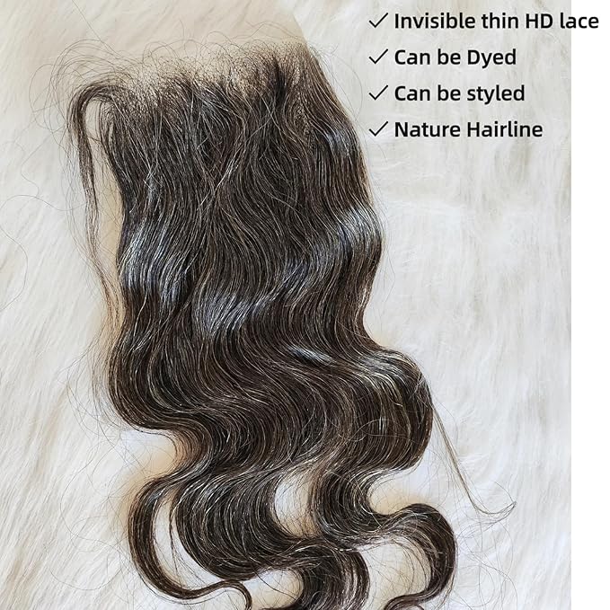 4×4 Thin HD Body Wave Human Hair Closure 12IN Raw Salt and Pepper Unprocessed Wavy Gray Closure Human Hair Invisible Thin Lace Body Wave Natural Black Mixed 50% Grey Virgin Hair Piece by Clytie