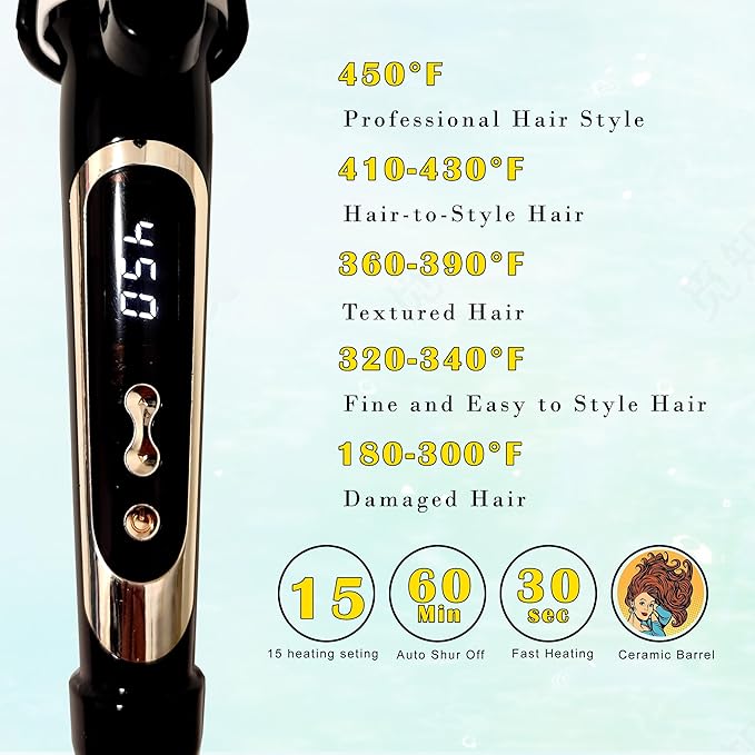 abp 1 Inch Curling Iron Extra Long Barrel with Ceramic Coating for Long/Medium Hair,LED Display Instant Heat up to 450°F with clamp,Hair Waving Style Tool Girls & Women