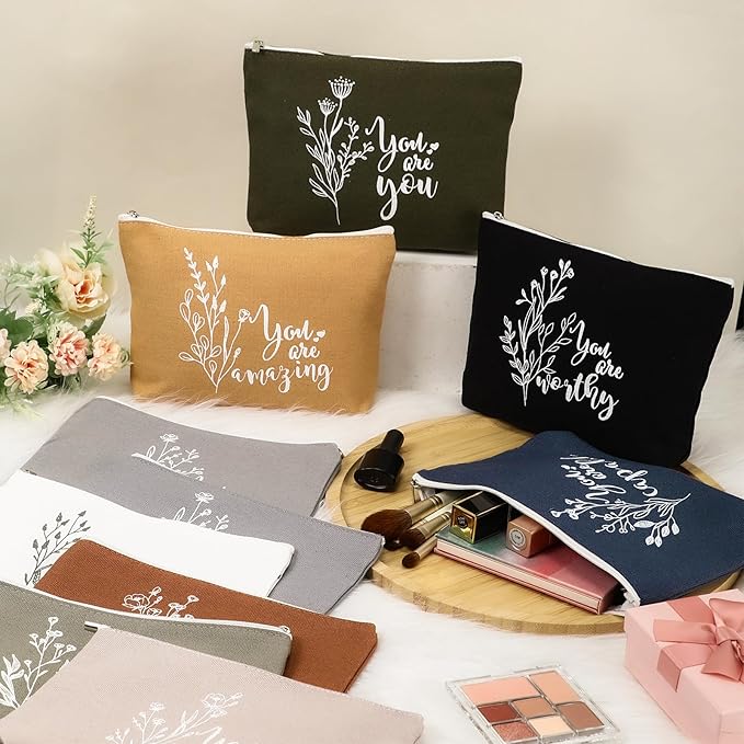 Coume 20 Pcs Inspirational Rainbow Canvas Makeup Bags Bulk Appreciation Quotes Cosmetic Bags Zipper Personalized Encouragement Travel Pouch Toiletry Bag for Women Teacher Nurse Friend(Aesthetic)