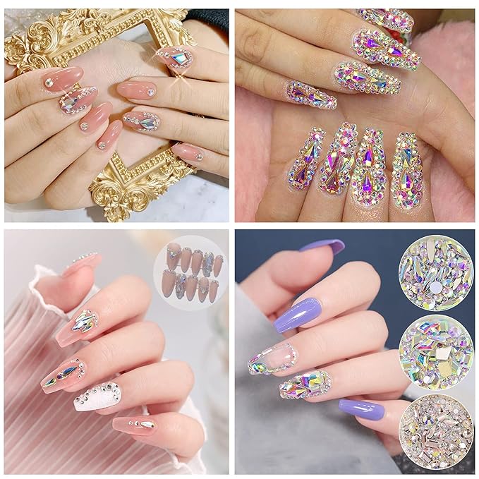 3100Pcs AB Crystal Nail Rhinestones, HOINCO Mix 20 Styles Flatback Rhinestone, 12 Types of 600 Diamonds + 2500 Round Beads, Crystals 3D Flat Back Gemstones for Nail DIY Crafts with Tweezers Pen
