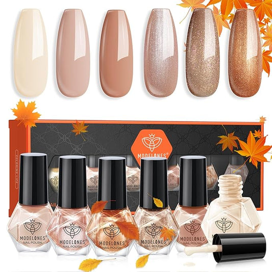 modelones Nail Polish Set 6 Colors, Milky White Brown Metallic Nude Bronze Quick Dry Mini Nail Lacquer Kit Shimmer Burnt Orange Copper Nail Art DIY Home Salon Manicure Gift for Women Girls
