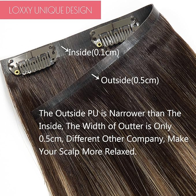 Loxxy Seamless Extensions Clip in Human Hair Ombre Dark Brown Fading to Chestnut Brown and Dark Brown Natural Remy Hair Extensions Clip in Human Hair With PU Weft Invisible 7PCS 110G 14Inch