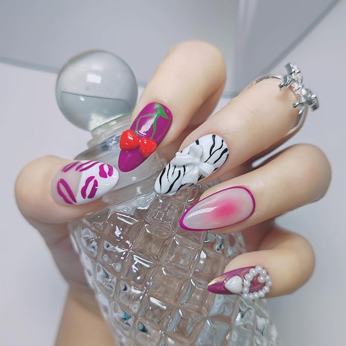 Almond Press on Nails Handmade Medium Long/Stiletto 3D Flower Fake Nail with Designs, Women Reusable False Nails (Heart Cherry Lips, S)