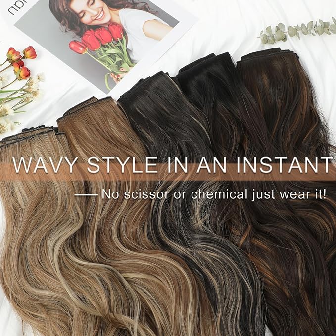 Clip in Hair Extensions for Women - 20 Inch Long Wavy Brown Extensions, 6PCS Hairpieces that Blend Naturally with Your Real Hair (20 Inch, Ombre Natural Black to Chestnut Brown Highlights)