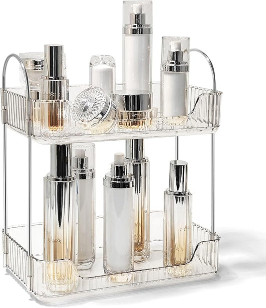 Bathroom Counter Organizer Countertop Storage Skincare Countertop Makeup Organizer Cosmetics Skincare Organizers Holder for Perfume-Clear White-Silver Pole