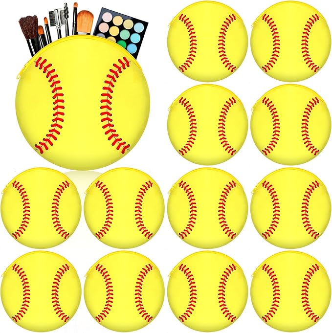 Reginary 12 Pcs Softball Makeup Bags Team Gift Round Sport Cosmetic Bags Canvas Softball Pouch Portable Makeup Pouch Travel Organizer for Women Men Team Player Travel